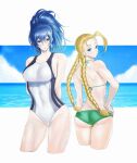  2girls anagumasan antenna_hair arms_behind_back ass back-to-back bikini blonde_hair blue_eyes blue_hair blush braid breasts cammy_white collarbone competition_swimsuit covered_navel cropped_legs crossover green_bikini high_ponytail highres large_breasts leona_heidern long_braid looking_back multicolored multicolored_clothes multicolored_swimsuit multiple_girls ocean one-piece_swimsuit scar scar_on_cheek scar_on_face spaghetti_strap street_fighter swimsuit the_king_of_fighters toned twin_braids wet wet_hair 
