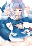  1girl :d animal_ear_fluff animal_ears arm_up bangs barefoot bloop_(gawr_gura) blue_eyes blue_hair blue_hoodie blue_nails blush cat_ears claw_pose commentary drawstring eyebrows_visible_through_hair fish_tail gawr_gura hair_ornament hand_up hololive hololive_english hood hood_down hoodie kemonomimi_mode long_hair looking_at_viewer lydia601304 multicolored_hair nail_polish open_mouth shark_tail sharp_teeth sidelocks silver_hair sitting smile streaked_hair tail tail_raised teeth two_side_up virtual_youtuber wariza water_drop white_background 