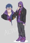  1boy blue_hair casual cu_chulainn_(fate)_(all) cu_chulainn_alter_(fate/grand_order) facial_mark fate/grand_order fate_(series) hood hood_down hoodie inset long_hair male_focus mask mask_pull mouth_mask ponytail red_eyes shoes simoich sneakers solo tail 