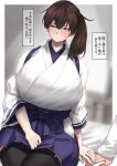  1girl black_legwear blue_hakama blush breasts brown_eyes brown_hair hakama hakama_skirt highres huge_breasts japanese_clothes jewelry kaga_(kantai_collection) kantai_collection konoshige_(ryuun) long_hair remodel_(kantai_collection) ribbon-trimmed_legwear ribbon_trim ring short_sidetail side_ponytail sitting solo_focus tasuki thigh-highs translation_request wedding_band 