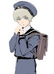  backpack bag blonde_hair blue_eyes blue_headwear blue_shirt bright_pupils brown_bag closed_mouth copyright_request hands_up hat long_sleeves looking_at_viewer sailor_hat sankomichi school_uniform serafuku shirt short_hair simple_background solo white_background white_pupils 
