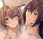  2girls black_hair book breasts brown_hair flipped_hair green_eyes hairband highres holding holding_book kantai_collection kasumi_(skchkko) large_breasts long_hair multiple_girls mutsu_(kancolle) nagato_(kancolle) radio_antenna red_eyes shirt short_hair smile t-shirt upper_body 