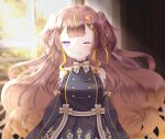  1girl absurdres anya_melfissa bangs black_dress blonde_hair blush breasts brown_hair detached_sleeves dress hair_ornament highres hololive huge_filesize long_hair looking_at_viewer medium_breasts multicolored_hair one_eye_closed open_mouth solo two_side_up violet_eyes virtual_youtuber 