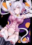  1girl animal_ear_fluff animal_ears arms_up ass_visible_through_thighs axia-chan bell bell_collar black_border border bow breasts cat_ears cat_tail collar garter_straps halloween highres large_breasts looking_at_viewer outside_border panties pink_bow senki_zesshou_symphogear silver_hair solo tail tail_bow tail_ornament thigh-highs thighs twintails underwear violet_eyes white_panties yukine_chris 