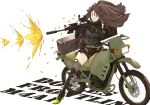  1214_goldfische 1girl absurdres aiming assault_rifle bangs belt black_footwear black_gloves black_shorts boots brown_eyes brown_hair commentary_request english_text firing full_body girls_frontline gloves grey_legwear grey_shirt ground_vehicle gun hair_between_eyes highres holding holding_gun holding_weapon knee_pads long_hair long_sleeves m4_carbine m4a1_(girls_frontline) motor_vehicle motorcycle one_eye_closed pouch rifle scope shells shirt short_shorts shorts simple_background sitting solo strap striped striped_shirt suitcase suppressor thigh-highs weapon white_background 