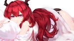  1girl arknights bangs bare_shoulders commentary eyebrows_visible_through_hair hair_between_eyes highres horns libiadan long_hair looking_at_viewer nail_polish off_shoulder red_nails redhead solo surtr_(arknights) thighs violet_eyes white_background 