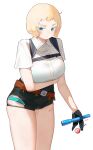  1girl belt black_gloves black_shorts blonde_hair blue_eyes breasts gloves highres large_breasts looking_at_viewer original ryusei_hashida shirt short_hair short_shorts shorts simple_background solo thighs torn_clothes white_background white_shirt 