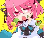  1girl apron black_neckwear black_ribbon blue_dress blush_stickers bocchan_dango breasts commentary dango dress fang food food_on_face hair_ribbon highres holding holding_food long_sleeves medium_breasts neck_ribbon op_na_yarou open_mouth pink_eyes pink_hair ribbon saigyouji_yuyuko simple_background solo symbol_commentary touhou upper_body wagashi yellow_background 