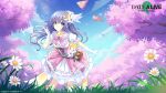  1girl 2019 bag bangs blue_hair blue_sky cherry_tree choker closed_mouth collarbone copyright_name crescent crescent_hair_ornament daisy date_a_live day eyebrows_visible_through_hair floating_hair flower frilled_skirt frills gloves grey_eyes hair_between_eyes hair_flower hair_ornament highres index_finger_raised izayoi_miku layered_skirt leaning_forward lily_(flower) long_hair looking_at_viewer medium_skirt multicolored multicolored_clothes multicolored_skirt official_art outdoors outstretched_arm pink_neckwear pink_skirt ribbon_choker shiny shiny_hair shirt short_sleeves skirt sky smile solo standing very_long_hair white_flower white_gloves white_shirt white_skirt yellow_choker 