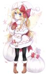  1girl adapted_costume ametama_(runarunaruta5656) bangs black_legwear blonde_hair blue_eyes boots bow brown_footwear capelet commentary_request fairy_wings full_body fur-trimmed_boots fur-trimmed_capelet fur_collar fur_trim hair_between_eyes hair_bow hat highres lily_white long_hair long_sleeves looking_at_viewer mittens pantyhose pom_pom_(clothes) red_bow sack smile snowflakes solo standing touhou wings 