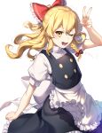  1girl apron black_skirt black_vest blonde_hair borrowed_garments bow braid cosplay cowboy_shot doyagao frilled_bow frills hair_bow hakurei_reimu hakurei_reimu_(cosplay) half_updo highres jill_07km kirisame_marisa long_hair looking_at_viewer one_eye_closed open_mouth puffy_short_sleeves puffy_sleeves red_bow short_sleeves side_braid simple_background single_braid skirt smug solo touhou v vest waist_apron waist_bow white_background white_bow yellow_eyes 