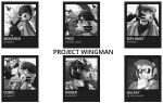  2girls 4boys aircraft airplane artist_request beard character_name comic_(project_wingman) diplomat_(project_wingman) english_text explosion facial_hair fighter_jet galaxy_(project_wingman) jet kaiser_(project_wingman) looking_at_viewer looking_back mask military military_vehicle monarch_(project_wingman) multiple_boys multiple_girls pilot pilot_helmet pilot_suit prez_(project_wingman) project_wingman sunglasses thumbs_up visor 