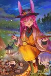  1girl :d animal_ear_fluff animal_ears artist_name bangs black_headwear blush chopsticks cleo_(dragalia_lost) clouds cloudy_sky commentary cooking dragalia_lost dress ears_through_headwear english_commentary eyebrows_visible_through_hair falling_star food hair_between_eyes hat hentaki highres holding holding_chopsticks holding_plate lantern long_hair long_sleeves looking_at_viewer night night_sky open_mouth outdoors pink_hair plate rabbit_ears red_eyes sitting sky smile solo very_long_hair watermark web_address yellow_dress 