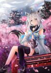  2girls absurdres ahoge animal_ears architecture bangs blue_neckwear blurry blurry_background braid breasts cherry_blossoms clouds cloudy_sky collarbone commentary_request detached_sleeves doll east_asian_architecture exrazeaednh eyebrows_visible_through_hair fox_ears fox_girl fox_tail green_eyes hair_between_eyes highres hololive hood hoodie long_hair looking_at_viewer multiple_girls natsuiro_matsuri neckerchief one_side_up pentagram shirakami_fubuki sidelocks single_braid single_thighhigh sitting sky small_breasts smile tail thigh-highs virtual_youtuber white_hair white_hoodie 
