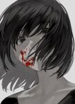 1girl black_eyes black_hair blood blood_on_face closed_mouth collarbone face grey_background ikuchan_kaoru original shaded_face short_hair simple_background solo upper_body 
