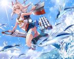  1girl :o animal ayanami_(azur_lane) azur_lane bangs bare_arms bare_shoulders black_footwear blue_sailor_collar blue_skirt blue_sky boots brown_eyes cannon clouds commentary_request crop_top day eyebrows_visible_through_hair fish flying_fish hair_between_eyes headgear highres holding holding_sword holding_weapon knee_boots light_brown_hair long_hair looking_at_viewer machinery midriff navel open_mouth outdoors pleated_skirt ponytail sailor_collar school_uniform serafuku shirt sidelocks skirt sky sleeveless sleeveless_shirt solo standing standing_on_one_leg sword turret water weapon white_shirt yuko_(uc_yuk) 