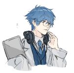  1boy blue_eyes blue_hair blue_neckwear blue_vest coat fate/extra fate/extra_ccc fate_(series) glasses grey-framed_eyewear grey_coat hand_up hans_christian_andersen_(fate) headphones headphones_around_neck long_sleeves male_focus necktie parted_lips sankomichi short_hair simple_background solo upper_body vest white_background 