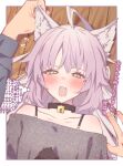  1girl ahoge animal_ears atalanta_(alter)_(fate) atalanta_(fate) bell bell_collar black_shirt blush brown_eyes casual cat_ears collar fate/grand_order fate_(series) highres long_sleeves looking_at_viewer mitsurugi_sugar open_mouth pov shirt strapless_shirt translation_request white_hair wooden_floor 