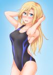  1girl anti_(untea9) black_swimsuit blonde_hair blue_background breasts collarbone commentary_request commission competition_swimsuit cowboy_shot gradient gradient_background grey_eyes highres hornet_(kantai_collection) kantai_collection long_hair looking_at_viewer medium_breasts one-piece_swimsuit solo swimsuit 