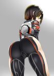  1girl absurdres android ass blush breasts brown_hair from_behind glasses hair_between_eyes highres hololive looking_at_viewer mechanical_arms nikujag96737782 open_mouth roboco-san short_hair smile solo virtual_youtuber yellow_eyes 