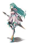  1girl alternate_costume animal_hood bangs breasts chest_jewel earrings full_body green_eyes green_hair high_heels highres holding holding_sword holding_weapon hood hood_down jewelry large_breasts long_hair long_ponytail pneuma_(xenoblade) ponytail sarasadou_dan solo standing standing_on_one_leg swept_bangs sword tiara very_long_hair weapon xenoblade_chronicles_(series) xenoblade_chronicles_2 