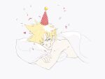  1boy absurdres blonde_hair blue_eyes cloud_strife confetti final_fantasy final_fantasy_vii hat highres lilith-lily looking_at_viewer lying male_focus on_stomach one_eye_closed party_hat pillow shirtless solo spiky_hair 