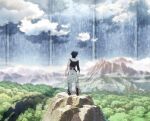  1boy back_arrow back_arrow_(character) black_hair black_jacket boots clouds day forest from_behind highres jacket key_visual knee_boots mountain nature official_art outdoors pants scenery short_hair single_sleeve solo standing torn_clothes torn_pants white_pants wide_shot 