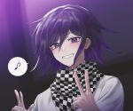  1boy bangs checkered checkered_neckwear checkered_scarf commentary_request dangan_ronpa grin hair_between_eyes hands_up highres jacket long_sleeves looking_at_viewer male_focus musical_note new_dangan_ronpa_v3 ouma_kokichi porary purple_hair scarf short_hair smile solo spoken_musical_note upper_body v violet_eyes w white_jacket 
