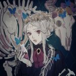  1girl animal_skull black_dress blue_background blue_butterfly bow bowtie bright_pupils bug butterfly dress facial_mark grey_hair hair_bun head_wreath holding insect long_sleeves looking_at_viewer original red_bow red_eyes red_neckwear revision sankomichi skeleton solo upper_body white_pupils 