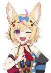  1girl :d ahoge alternate_hairstyle animal_ears bare_shoulders blonde_hair blue_bow blush bow choker fox_ears gloves hair_bow hair_ornament heart heart-shaped_pupils hololive looking_at_viewer multicolored_hair omaru_polka one_eye_closed open_mouth own_hands_together red_choker red_gloves round_teeth short_hair simple_background single_glove smile solo streaked_hair symbol-shaped_pupils teeth upper_body upper_teeth violet_eyes virtual_youtuber white_background wristband x_hair_ornament yoako 