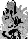  2boys 3girls :&lt; :d absurdres black_horns byakuren_(mazohana) cigarette clenched_hand demon_boy demon_girl demon_horns fang fang_out fangs highres horns juugoya_(zyugoya) kewpie_(mazohaha) kokuren_(mazohana) mask monochrome multiple_boys multiple_girls musuko_ga_kawaikute_shikatanai_mazoku_no_hahaoya open_mouth outstretched_hand sharp_teeth simple_background skull skull_mask smile teeth white_background 