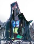  1girl absurdly_long_hair absurdres ahoge black_footwear black_skirt black_sleeves blue_eyes blue_hair blue_neckwear boots buri_(retty9349) collared_shirt detached_sleeves full_body grey_shirt hatsune_miku head_tilt headset highres huge_filesize long_hair long_sleeves looking_at_viewer miniskirt necktie parted_lips pleated_skirt revision shirt simple_background sitting skirt solo television thigh-highs thigh_boots twintails very_long_hair vocaloid white_background zettai_ryouiki 