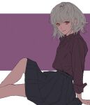  1girl absurdres arm_support black_skirt brown_shirt closed_mouth collared_shirt feet_out_of_frame from_side grey_hair highres knee_up long_sleeves looking_at_viewer looking_to_the_side medium_hair original red_eyes sankomichi shirt sitting skirt smile solo wing_collar 