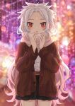  1girl belt black_skirt blurry bokeh buttons depth_of_field earrings forehead indie_virtual_youtuber jewelry light long_hair open_mouth pointy_ears red_eyes runa_(vtuber) scarf skirt solo sweater ten-chan_(eternal_s) very_long_hair virtual_youtuber white_hair 