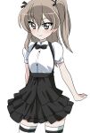  1girl adapted_costume bangs black_legwear black_neckwear black_ribbon black_skirt bow bowtie casual collared_shirt commentary cowboy_shot eyebrows_visible_through_hair girls_und_panzer hair_ribbon high-waist_skirt highres layered_skirt light_blush light_brown_eyes light_brown_hair long_hair looking_at_viewer miniskirt one_side_up open_mouth puffy_short_sleeves puffy_sleeves ribbon shimada_arisu shirt short_sleeves simple_background skirt smile solo standing striped striped_legwear suspender_skirt suspenders thigh-highs wakku_kan white_background white_shirt 