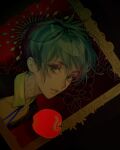  1other androgynous blue_ribbon closed_mouth copyright_request green_eyes green_hair looking_at_viewer picture_frame portrait red_apple ribbon sankomichi scar_on_neck short_hair smile solo wing_collar 