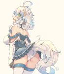  1girl ahoge animal_ears ass beige_background blue_hair breasts from_behind highres kuromiya looking_at_viewer looking_back multicolored_hair open_mouth original panties short_hair simple_background solo tail thigh-highs two-tone_hair underwear white_hair white_legwear white_panties 