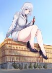  1boy 1girl absurdres bare_legs black_footwear blush breasts business_suit commander_(girls_frontline) eyebrows_visible_through_hair formal giantess girls_frontline high_heels highres jacket legs looking_at_another martinreaction medium_breasts medium_hair open_mouth rpk-16_(girls_frontline) silver_hair simple_background sitting suit thighs violet_eyes white_jacket white_suit 