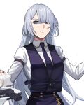  1girl ak-15_(girls_frontline) closed_mouth eyebrows_visible_through_hair girls_frontline gun holding long_hair looking_at_viewer necktie purple_neckwear purple_vest shirt silayloe silver_hair solo_focus standing tagme vest violet_eyes watch weapon white_background white_shirt 