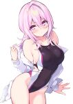  1girl bare_shoulders black_swimsuit breasts competition_swimsuit cowboy_shot cu-no hair_between_eyes highleg highleg_swimsuit hisen_kaede jacket large_breasts long_hair long_sleeves looking_at_viewer off_shoulder one-piece_swimsuit open_clothes open_jacket pink_eyes pink_hair side_cutout simple_background solo swimsuit thighs white_background white_jacket yayoi_sakura 