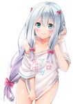  1girl absurdres bangs blue_eyes bow closed_mouth collarbone copyright_name dutch_angle eromanga_sensei flat_chest floating_hair hair_between_eyes hair_bow hand_in_hair highres izumi_sagiri long_hair looking_up low-tied_long_hair multiple_hair_bows naked_shirt off_shoulder pink_bow print_shirt shiny shiny_hair shirt shirt_tug short_sleeves silver_hair simple_background solo standing very_long_hair white_background white_shirt yoshida_iyo 