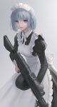  1girl apron blue_hair breasts eyebrows_visible_through_hair girls_frontline grey_background holding holding_weapon lips lipstick looking_at_viewer maid maid_apron maid_headdress makeup medium_hair parted_lips rpk-16 rpk-16_(girls_frontline) smile solo standing urano_ura violet_eyes weapon 
