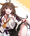  1girl absurdres ahoge artist_name baileys_(tranquillity650) bare_shoulders black_hakama brown_hair detached_sleeves double_bun eyebrows_visible_through_hair hairband hakama hakama_skirt headgear heart heart-shaped_pupils highres japanese_clothes kantai_collection kongou_(kantai_collection) long_hair nontraditional_miko open_mouth ribbon-trimmed_sleeves ribbon_trim signature smile solo symbol-shaped_pupils twitter_username upper_teeth violet_eyes wide_sleeves 
