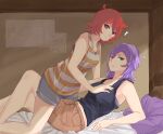  2girls alternate_costume bed blush breasts bunk_bed casual collarbone couple croix_meridies green_eyes hand_on_another&#039;s_chest highres little_witch_academia lying medium_hair multiple_girls oishii_tuna poster purple_hair red_eyes redhead shiny_chariot short_hair straddling surprised ursula_charistes 