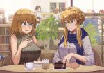  2boys 6+girls alternate_costume artoria_pendragon_(all) artoria_pendragon_(lancer) blonde_hair blue_eyes blue_nails bookshelf braid breasts brown_hair cafe cake cape casual chair chalkboard_sign character_request coffee_cup commentary_request contemporary cup disposable_cup fate/grand_order fate_(series) food french_braid fujimaru_ritsuka_(female) fujimaru_ritsuka_(male) green_eyes grey_hair hand_on_own_chest huge_breasts indoors janoukyo19 jar jeanne_d&#039;arc_(fate) jeanne_d&#039;arc_(fate)_(all) jet_black_king_of_knights_ver._shinjuku_1999 large_breasts leaf long_braid long_hair looking_at_another menu_board multiple_boys multiple_girls nail_polish plant potted_plant purple_hair red_eyes restaurant saint_quartz saucer scarf short_hair short_hair_with_long_locks sidelocks sitting sleeveless_sweater smile sunglasses table tsurime very_long_hair waiter white_nails 