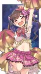  1girl absurdres arm_up armpits bangs bow brown_hair cheering cheerleader commentary_request double_bun gougoku hair_bow hat highres holding holding_pom_poms idolmaster idolmaster_shiny_colors long_hair looking_at_viewer midriff mini_hat miniskirt navel night night_sky one_eye_closed open_mouth plaid plaid_skirt pom_poms red_eyes skirt sky sleeveless solo sonoda_chiyoko sweat twintails 