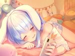  1girl animal_ears bedroom blue_hair carrot carrot_print cellphone character_doll character_request don-chan_(usada_pekora) drooping fall_guy fall_guys food_print half-closed_eyes head_on_arm highres holding holding_phone hololive indoors long_hair looking_at_phone lying magowasabi nousagi_(usada_pekora) off_shoulder on_bed on_side one_eye_closed phone polka_dot rabbit_ears red_eyes shirt smartphone solo stuffed_animal stuffed_toy thighs tire_swing usada_pekora virtual_youtuber waking_up white_shirt 