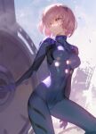 1girl alternate_costume black_bodysuit bodysuit breasts commentary eyebrows_visible_through_hair fate/grand_order fate_(series) floating_hair hair_between_eyes hair_over_one_eye highres holding holding_shield looking_away mash_kyrielight medium_breasts multicolored multicolored_bodysuit multicolored_clothes neon_genesis_evangelion open_mouth parted_lips pink_eyes pink_hair plugsuit purple_bodysuit shield short_hair siino simple_background solo teeth 