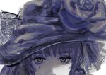  1girl close-up flower hat hat_flower jitome looking_at_viewer monochrome mouth_out_of_frame original portrait purple_theme rose sankomichi simple_background solo white_background 
