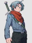  1boy belt black_pants blue_eyes blue_hair blue_jacket buttons closed_mouth dragon_ball dragon_ball_super grey_background jacket kemachiku male_focus pants simple_background solo sword sword_on_back trunks_(dragon_ball) trunks_(future)_(dragon_ball) upper_body weapon weapon_on_back 
